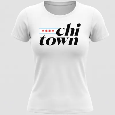Modern bold Chi Town shirt featuring Chicago city flag design in black, red, light blue, and white — printed on a women's shirt