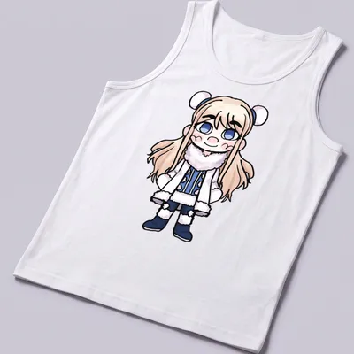 Kawaii chibi character from Danganronpa in blue, white, and light beige — printed on a tank top