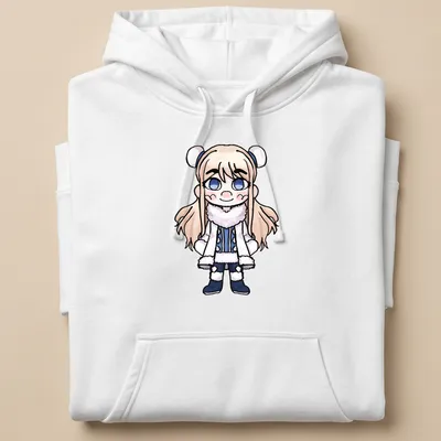 Kawaii chibi character from Danganronpa in blue, white, and light beige — printed on a unisex hoodie