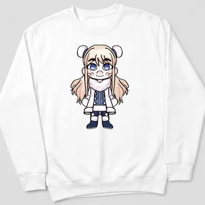 Kawaii chibi character from Danganronpa in blue, white, and light beige — printed on a unisex sweatshirt