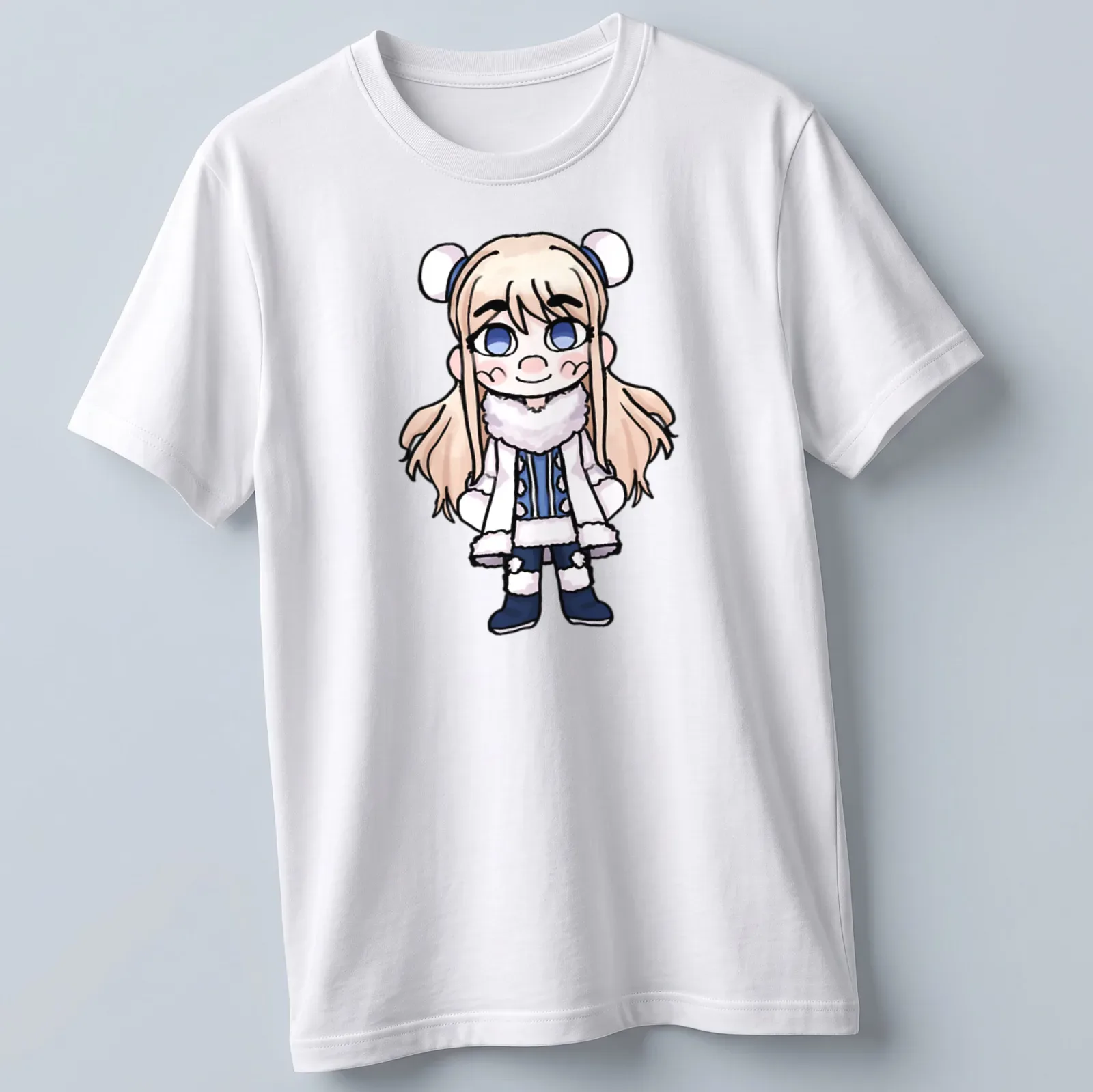 Kawaii chibi character from Danganronpa in blue, white, and light beige — printed on a unisex t-shirt