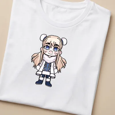 Kawaii chibi character from Danganronpa in blue, white, and light beige — printed on a women's shirt