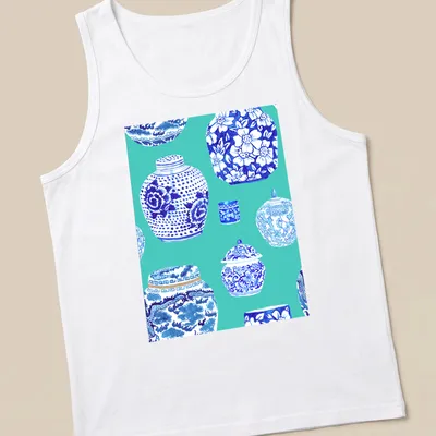 Watercolor print of ginger jars in teal, blue, and white on a — printed on a tank top