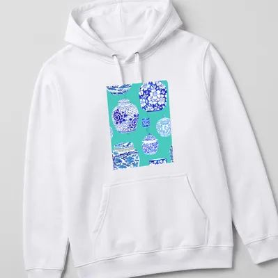 Watercolor print of ginger jars in teal, blue, and white on a — printed on a unisex hoodie