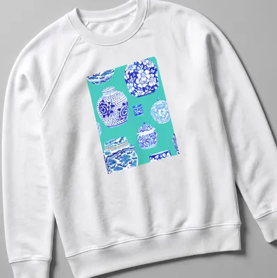 Watercolor print of ginger jars in teal, blue, and white on a — printed on a unisex sweatshirt