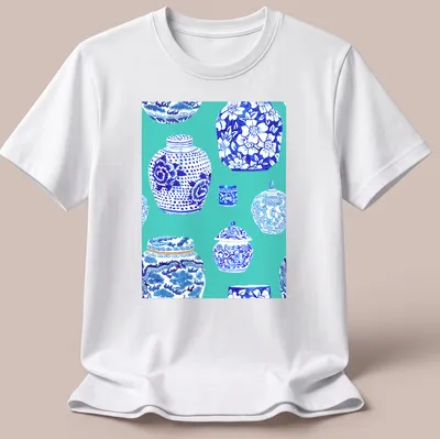 Watercolor print of ginger jars in teal, blue, and white on a T-shirt