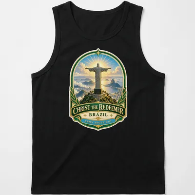 Vintage badge style t-shirt featuring Christ The Redeemer statue with arms raised in Brazil — printed on a tank top