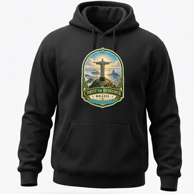 Vintage badge style t-shirt featuring Christ The Redeemer statue with arms raised in Brazil — printed on a unisex hoodie