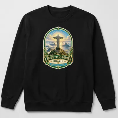 Vintage badge style t-shirt featuring Christ The Redeemer statue with arms raised in Brazil — printed on a unisex sweatshirt