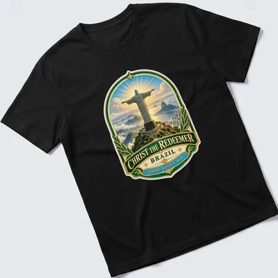 Vintage badge style t-shirt featuring Christ The Redeemer statue with arms raised in Brazil