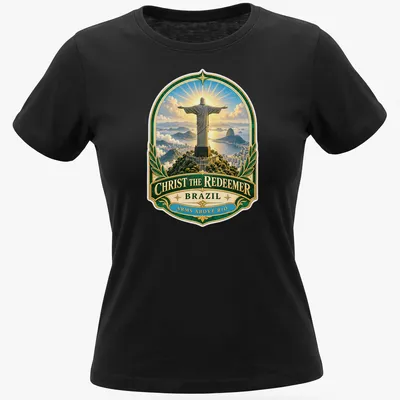 Vintage badge style t-shirt featuring Christ The Redeemer statue with arms raised in Brazil — printed on a women's shirt
