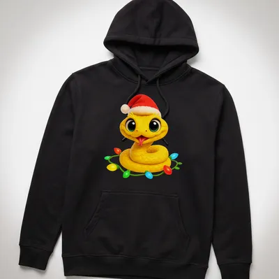 Kawaii Christmas Eyelash Viper wearing a Santa hat in bright colors — printed on a unisex hoodie
