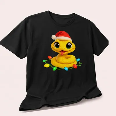 Kawaii Christmas Eyelash Viper wearing a Santa hat in bright colors — printed on a unisex t-shirt (angled view)