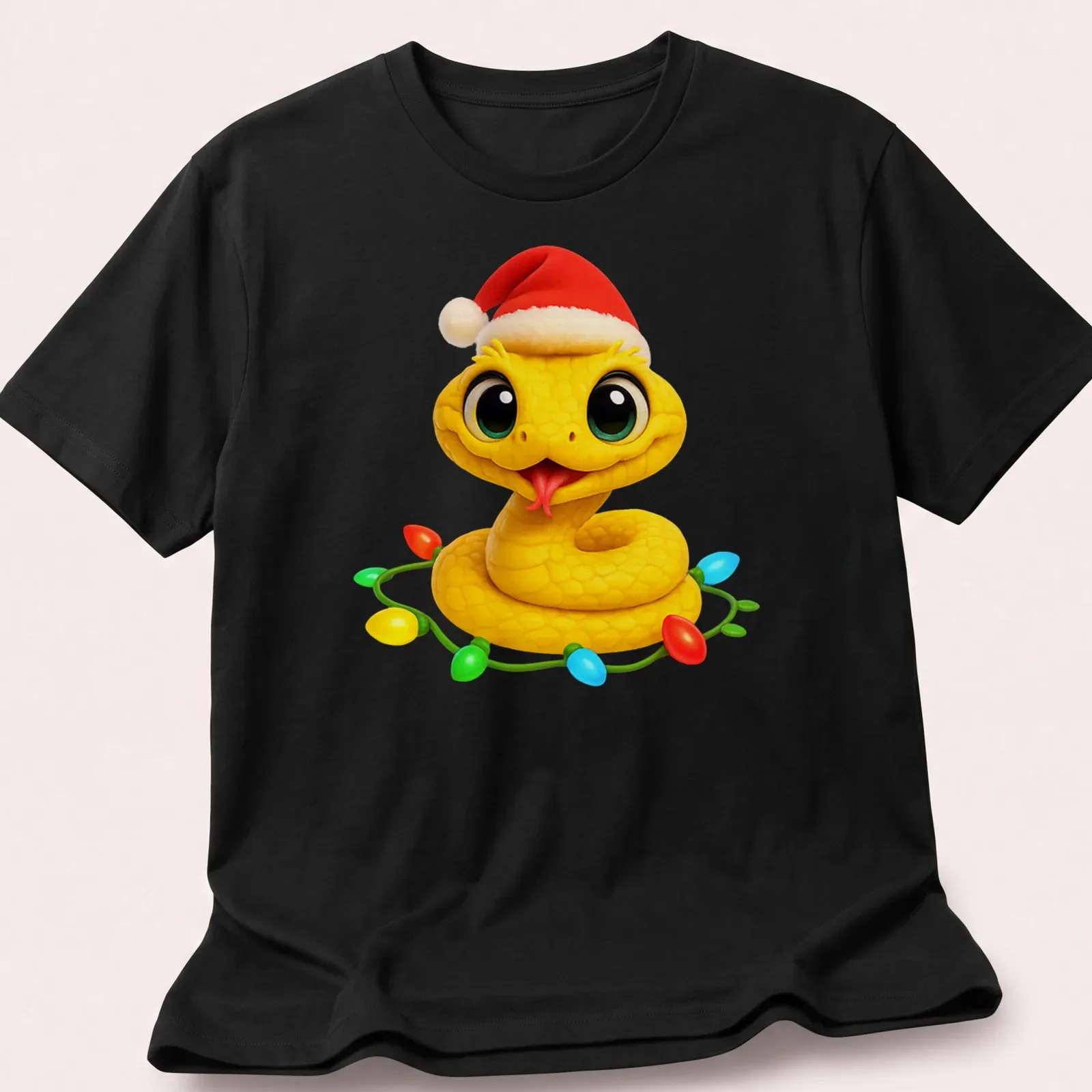 Kawaii Christmas Eyelash Viper wearing a Santa hat in bright colors — printed on a unisex t-shirt