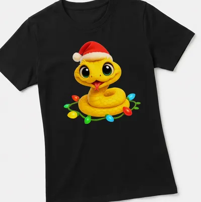 Kawaii Christmas Eyelash Viper wearing a Santa hat in bright colors — printed on a women's shirt