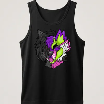 Colorful cartoon animal face T-shirt featuring Chrogue and SpaceMeloune. — printed on a tank top