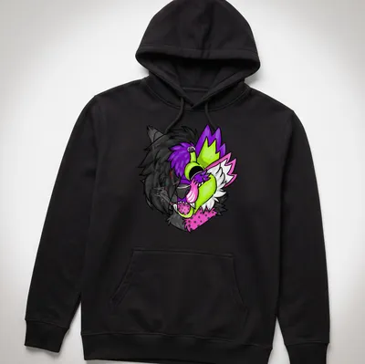 Colorful cartoon animal face T-shirt featuring Chrogue and SpaceMeloune. — printed on a unisex hoodie