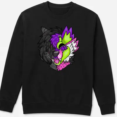 Colorful cartoon animal face T-shirt featuring Chrogue and SpaceMeloune. — printed on a unisex sweatshirt