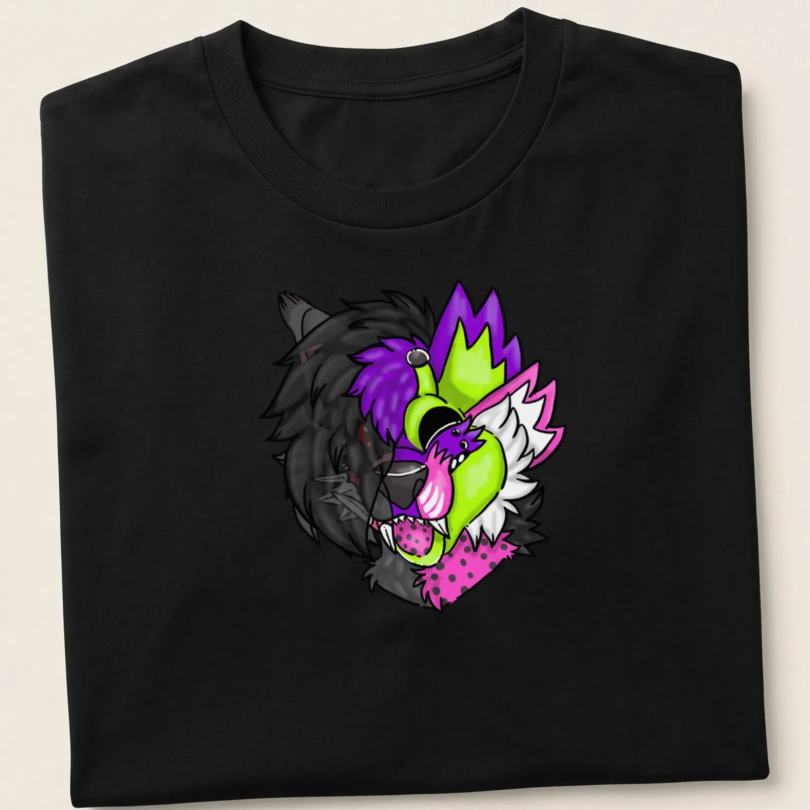 Colorful cartoon animal face T-shirt featuring Chrogue and SpaceMeloune. — printed on a unisex t-shirt