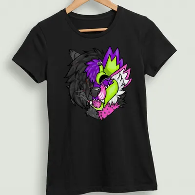 Colorful cartoon animal face T-shirt featuring Chrogue and SpaceMeloune. — printed on a women's shirt