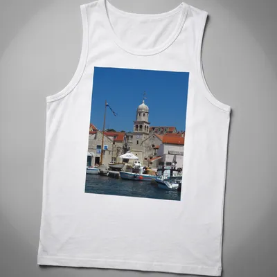 Photographic print of Church of St. Helena and Luke tower in vivid colors. — printed on a tank top