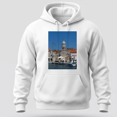 Photographic print of Church of St. Helena and Luke tower in vivid colors. — printed on a unisex hoodie