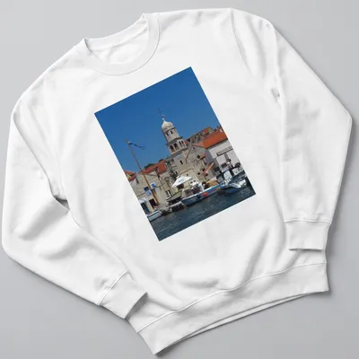 Photographic print of Church of St. Helena and Luke tower in vivid colors. — printed on a unisex sweatshirt