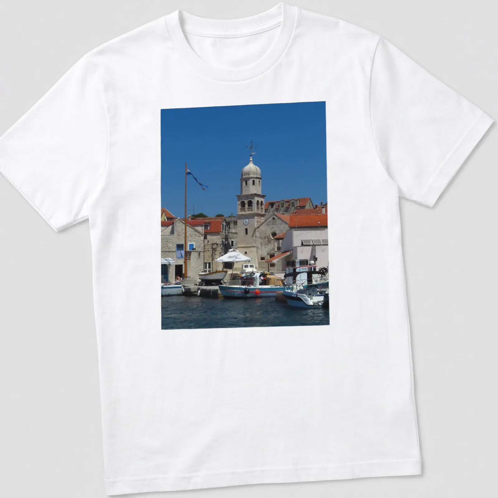 Photographic print of Church of St. Helena and Luke tower in vivid colors. — printed on a unisex t-shirt