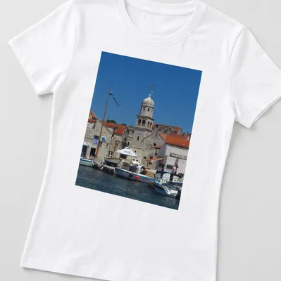 Photographic print of Church of St. Helena and Luke tower in vivid colors. — printed on a women's shirt