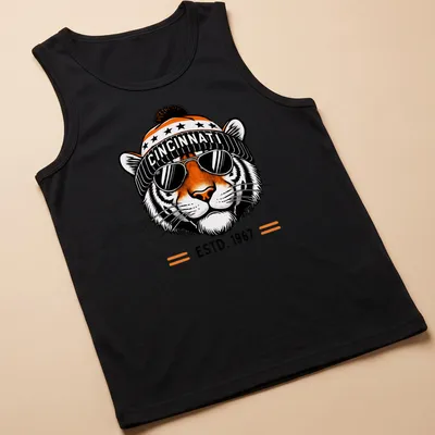 Retro Cincinnati Tiger t-shirt with bold lettering and an illustration of a fierce tiger — printed on a tank top