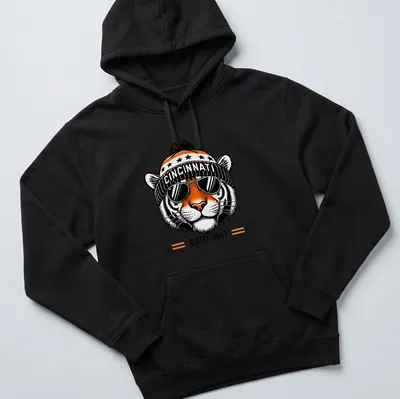 Retro Cincinnati Tiger t-shirt with bold lettering and an illustration of a fierce tiger — printed on a unisex hoodie