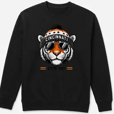 Retro Cincinnati Tiger t-shirt with bold lettering and an illustration of a fierce tiger — printed on a unisex sweatshirt