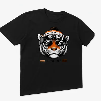 Retro Cincinnati Tiger t-shirt with bold lettering and an illustration of a fierce tiger — printed on a unisex t-shirt (angled view)
