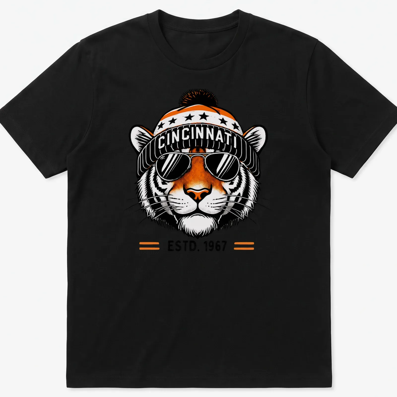 Retro Cincinnati Tiger t-shirt with bold lettering and an illustration of a fierce tiger — printed on a unisex t-shirt