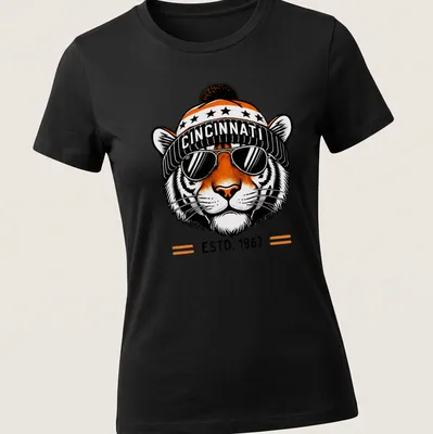 Retro Cincinnati Tiger t-shirt with bold lettering and an illustration of a fierce tiger — printed on a women's shirt