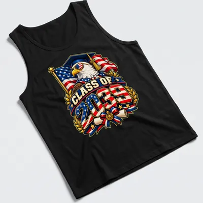 Eagle in a graduation cap with patriotic colors and text for Class of 2039 — printed on a tank top