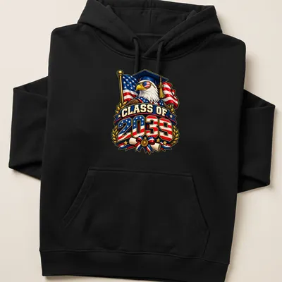 Eagle in a graduation cap with patriotic colors and text for Class of 2039 — printed on a unisex hoodie