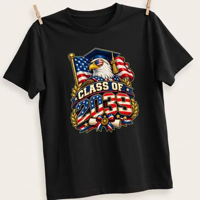 Eagle in a graduation cap with patriotic colors and text for Class of 2039