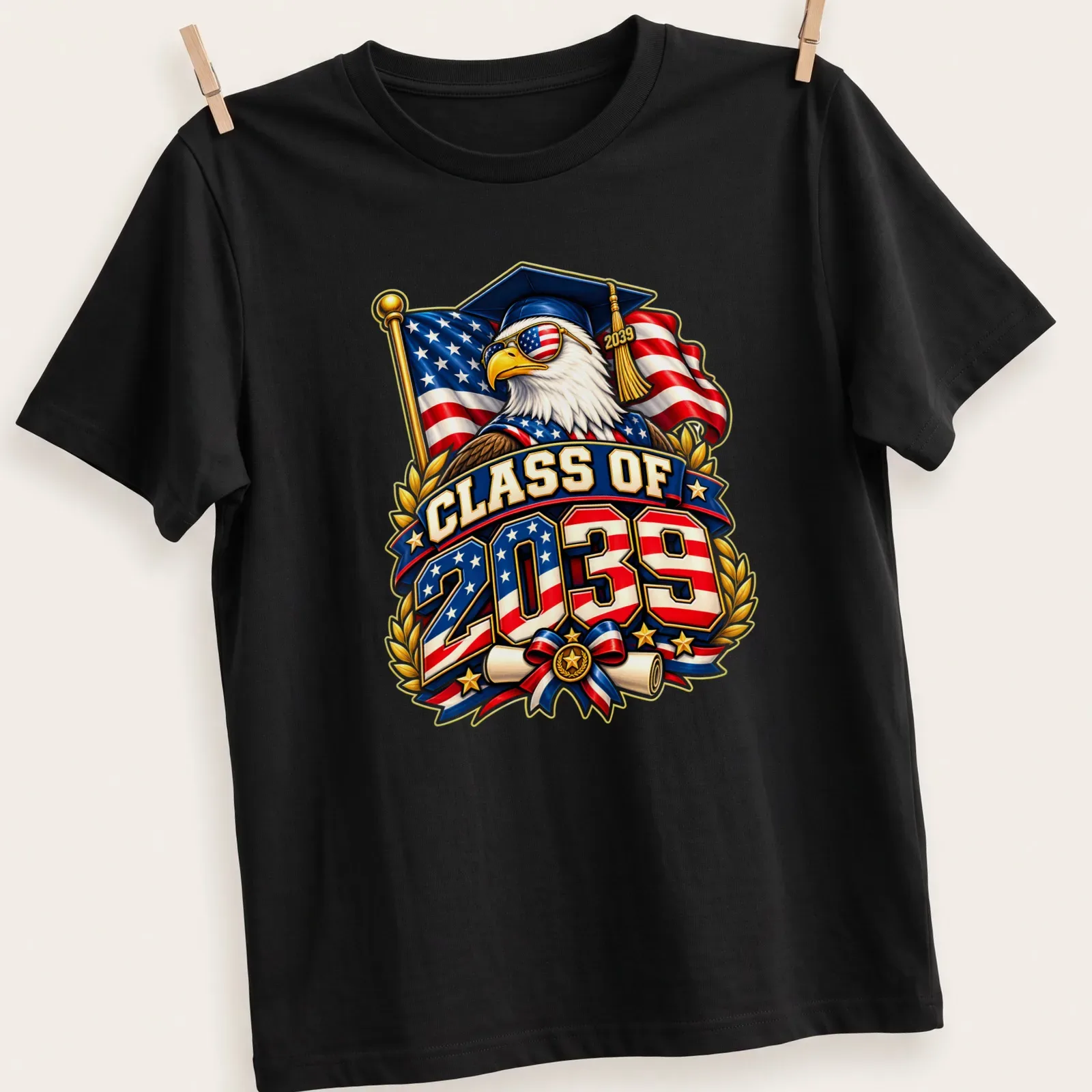 Eagle in a graduation cap with patriotic colors and text for Class of 2039 — printed on a unisex t-shirt