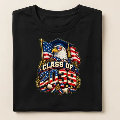 Eagle in a graduation cap with patriotic colors and text for Class of 2039 — printed on a women's shirt