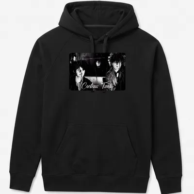 Black and white design featuring Cocteau Twins band name and photography — printed on a unisex hoodie