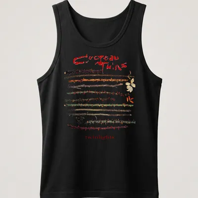 Vintage Cocteau Twins t-shirt featuring thorns around the text in earthy colors — printed on a tank top