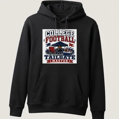Vintage distressed tee with tailgate scene and text College Football Tailgate Master — printed on a unisex hoodie