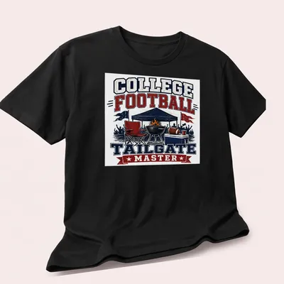 Vintage distressed tee with tailgate scene and text College Football Tailgate Master — printed on a unisex t-shirt (angled view)