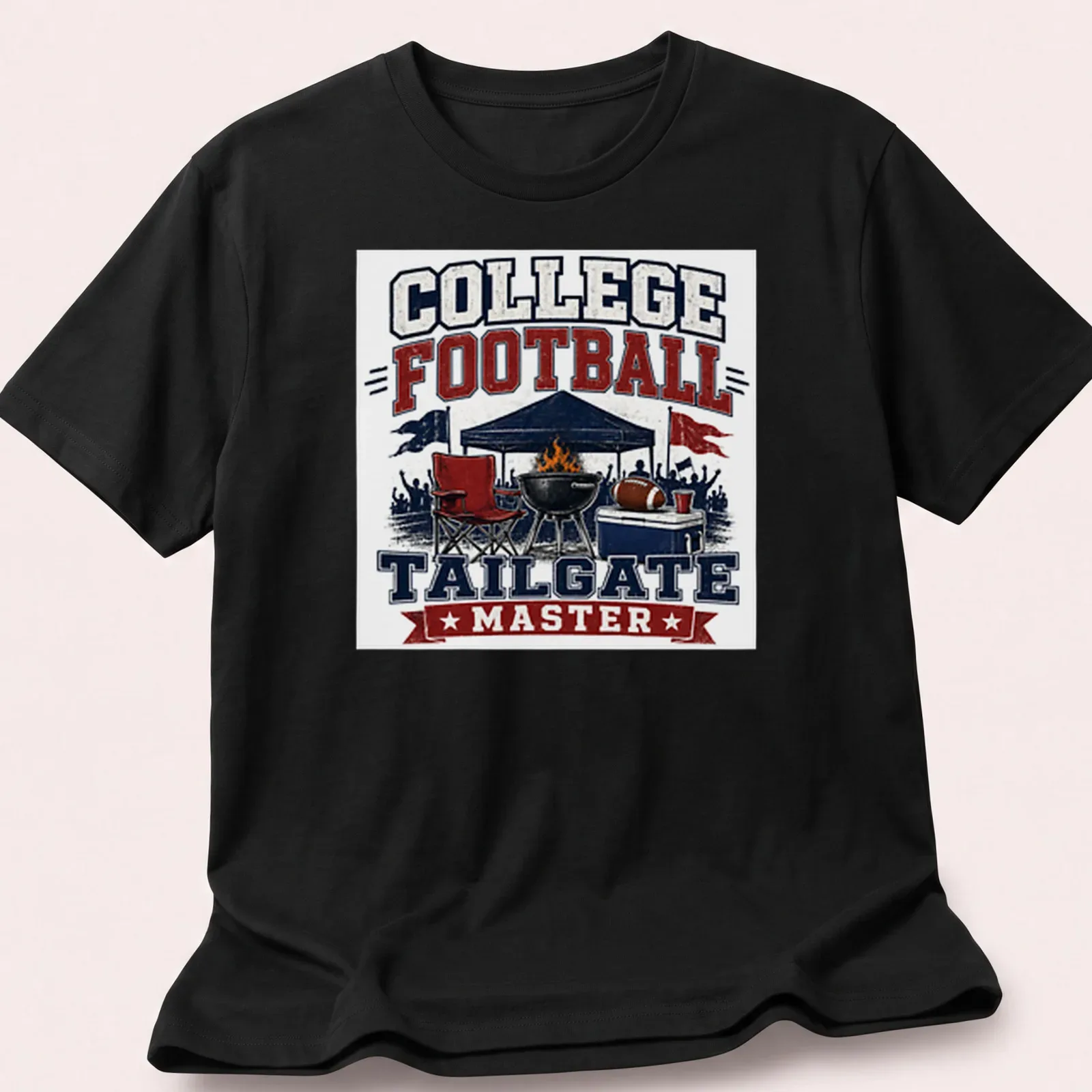 Vintage distressed tee with tailgate scene and text College Football Tailgate Master — printed on a unisex t-shirt