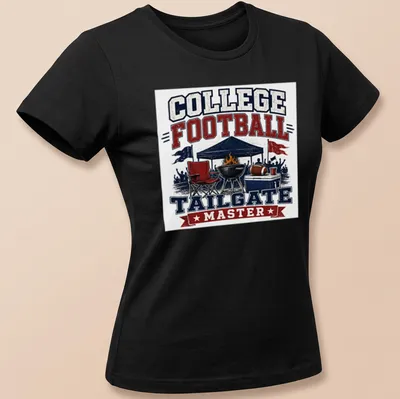 Vintage distressed tee with tailgate scene and text College Football Tailgate Master — printed on a women's shirt