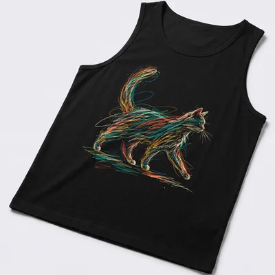 Playful colorful scribble design of a cat in orange, blue, green, and yellow — printed on a tank top