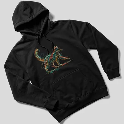Playful colorful scribble design of a cat in orange, blue, green, and yellow — printed on a unisex hoodie