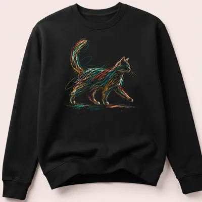 Playful colorful scribble design of a cat in orange, blue, green, and yellow — printed on a unisex sweatshirt