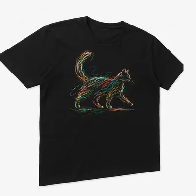 Playful colorful scribble design of a cat in orange, blue, green, and yellow — printed on a unisex t-shirt (angled view)